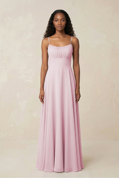 Spaghetti Strap A - Line Chiffon Bridesmaid Dress in Candy Pink - SHE IS ME Bridesmaid Dresses
