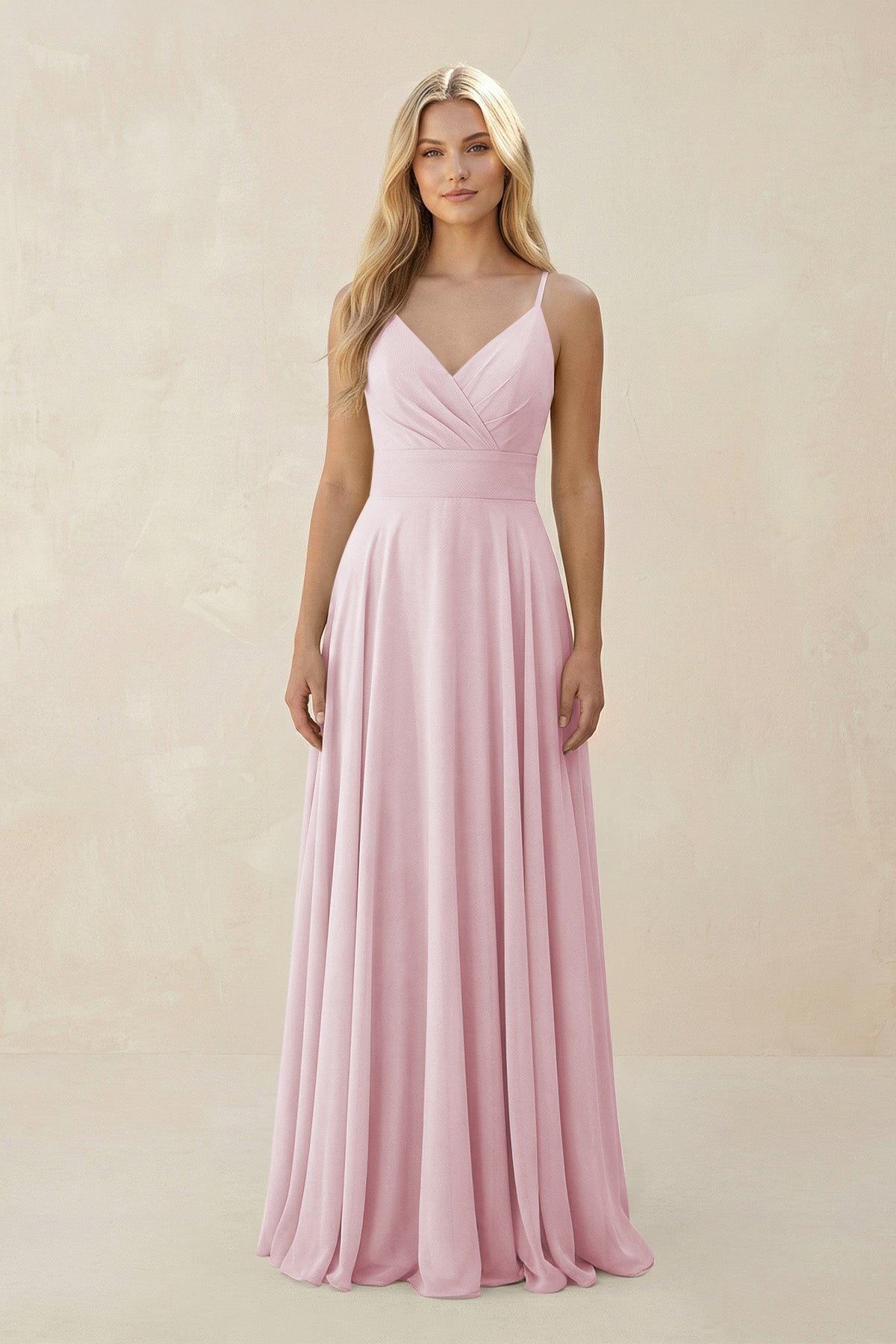 Spaghetti Strap A - Line Chiffon Bridesmaid Dress in Candy Pink - SHE IS ME Bridesmaid Dresses