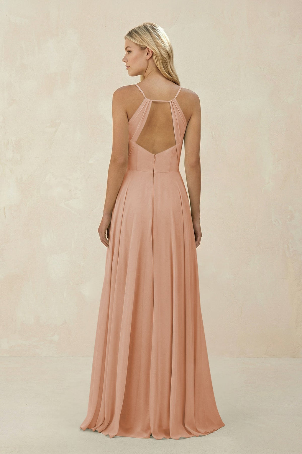 Spaghetti Strap A - Line Chiffon Bridesmaid Dress in Champagne Rose - SHE IS ME Bridesmaid Dresses