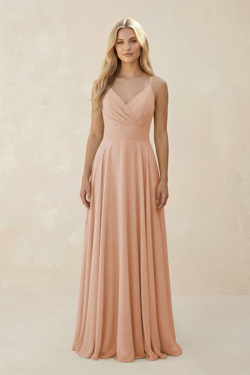 Spaghetti Strap A - Line Chiffon Bridesmaid Dress in Champagne Rose - SHE IS ME Bridesmaid Dresses