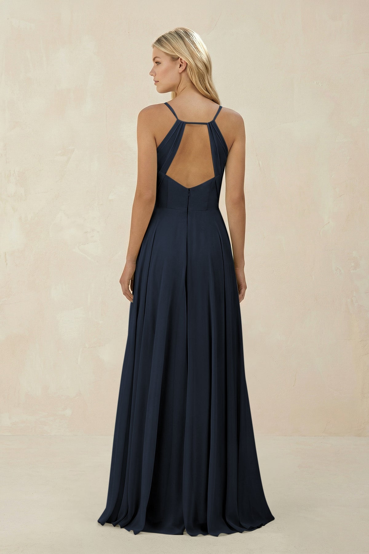 Spaghetti Strap A - Line Chiffon Bridesmaid Dress in Dark Navy - SHE IS ME Bridesmaid Dresses