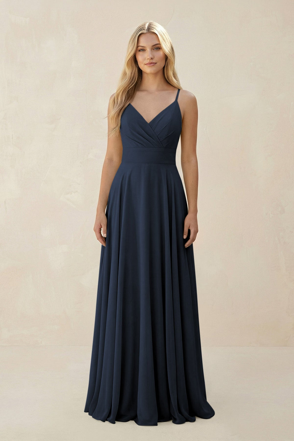 Spaghetti Strap A - Line Chiffon Bridesmaid Dress in Dark Navy - SHE IS ME Bridesmaid Dresses