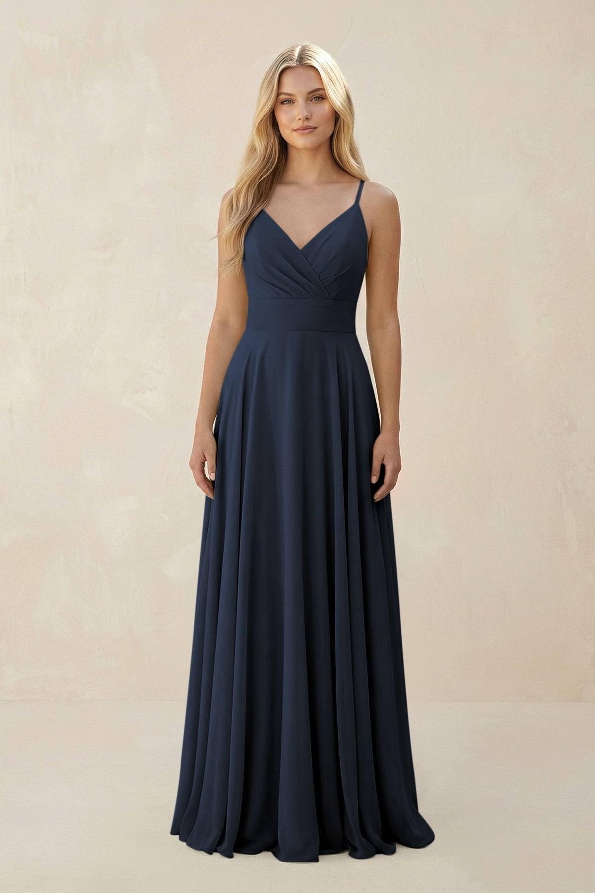 Spaghetti Strap A - Line Chiffon Bridesmaid Dress in Dark Navy - SHE IS ME Bridesmaid Dresses