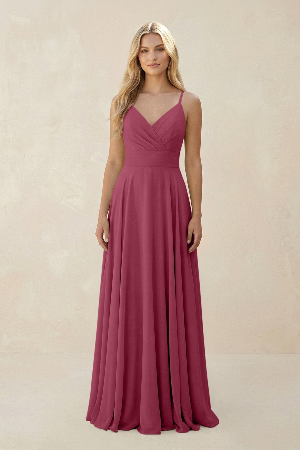 Spaghetti Strap A - Line Chiffon Bridesmaid Dress in Desert Rose - SHE IS ME Bridesmaid Dresses