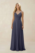 Spaghetti Strap A - Line Chiffon Bridesmaid Dress in Dusk Blue - SHE IS ME Bridesmaid Dresses
