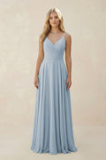 Spaghetti Strap A - Line Chiffon Bridesmaid Dress in Dusty Blue - SHE IS ME Bridesmaid Dresses