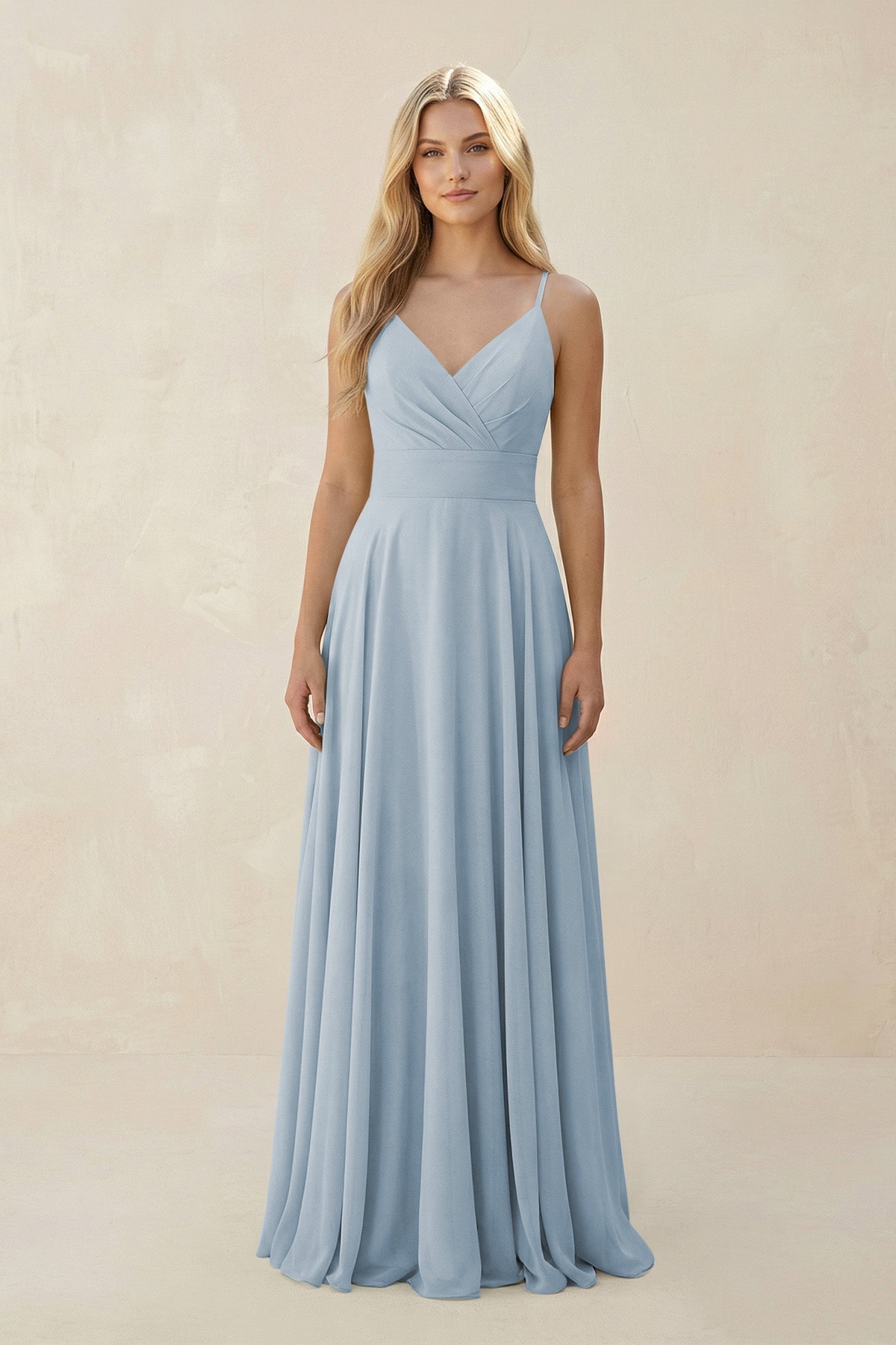 Spaghetti Strap A - Line Chiffon Bridesmaid Dress in Dusty Blue - SHE IS ME Bridesmaid Dresses