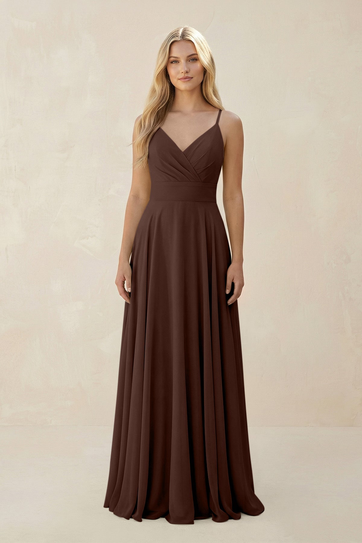 Spaghetti Strap A - Line Chiffon Bridesmaid Dress in Espresso - SHE IS ME Bridesmaid Dresses