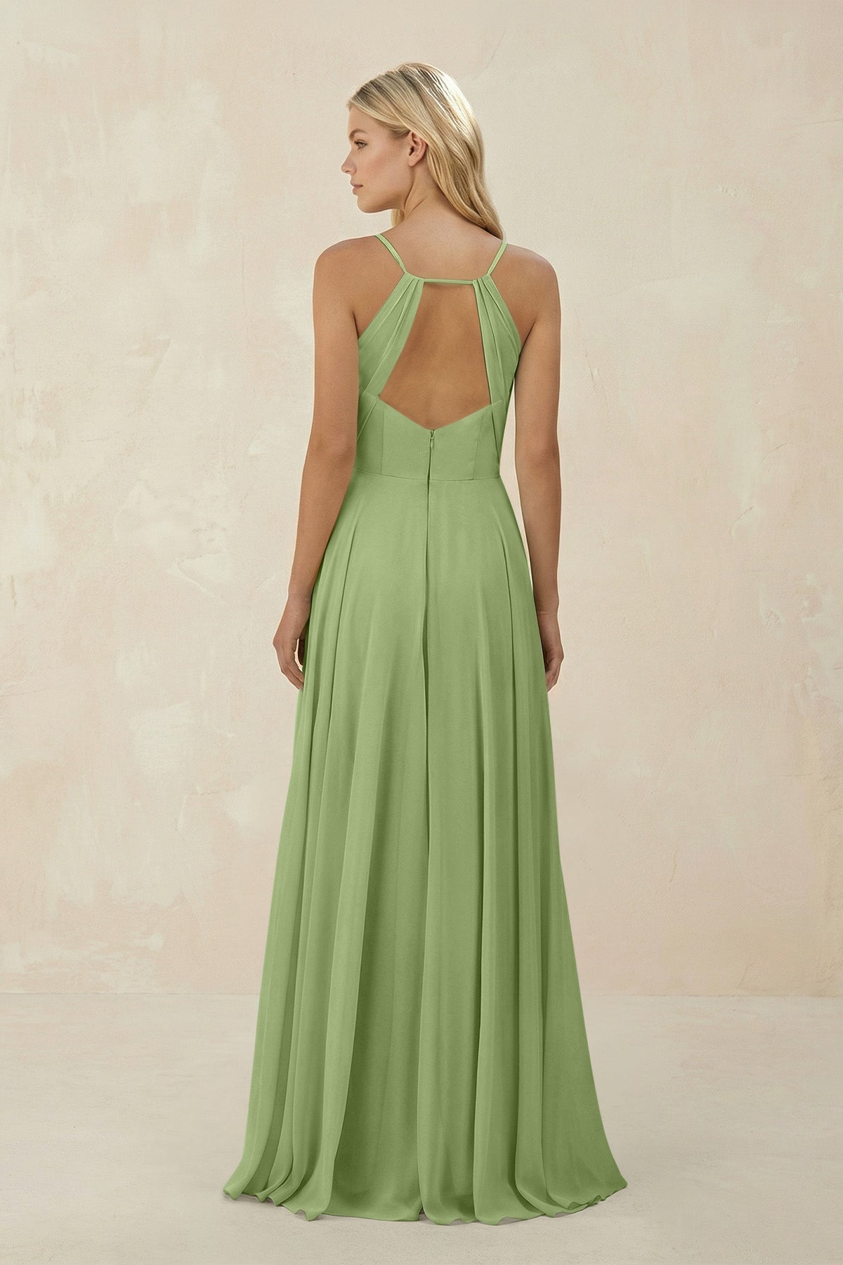 Spaghetti Strap A - Line Chiffon Bridesmaid Dress in Matcha - SHE IS ME Bridesmaid Dresses