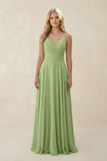 Spaghetti Strap A - Line Chiffon Bridesmaid Dress in Matcha - SHE IS ME Bridesmaid Dresses