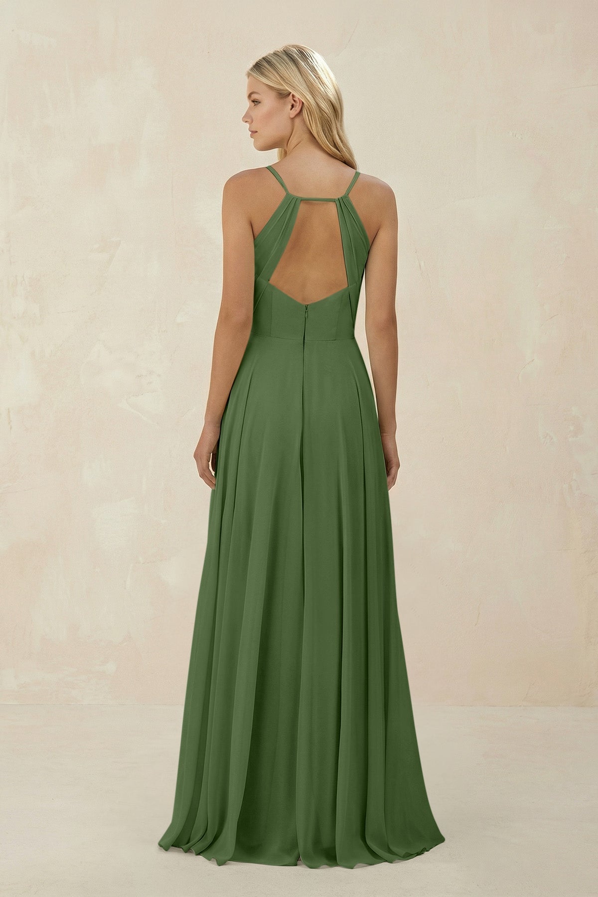 Spaghetti Strap A - Line Chiffon Bridesmaid Dress in Moss - SHE IS ME Bridesmaid Dresses