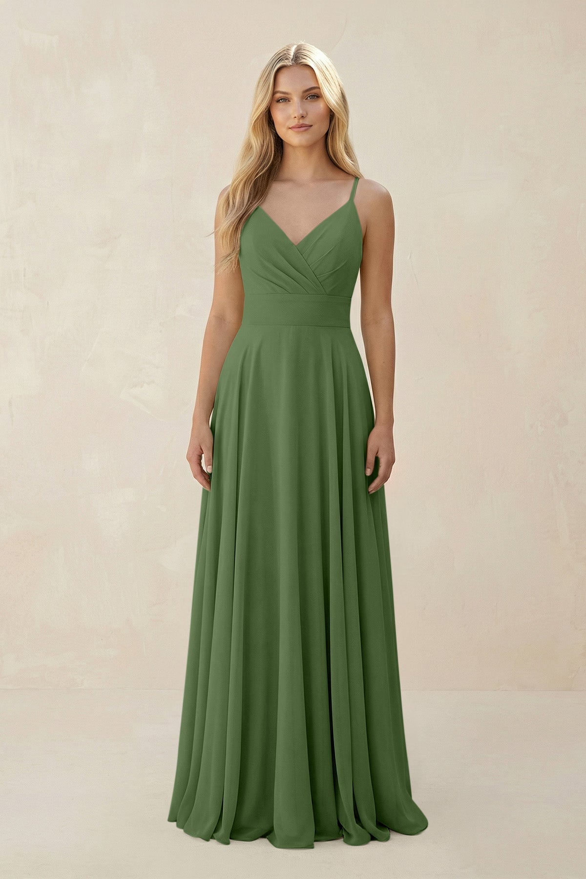 Spaghetti Strap A - Line Chiffon Bridesmaid Dress in Moss - SHE IS ME Bridesmaid Dresses