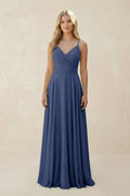 Spaghetti Strap A - Line Chiffon Bridesmaid Dress in Navy - SHE IS ME Bridesmaid Dresses