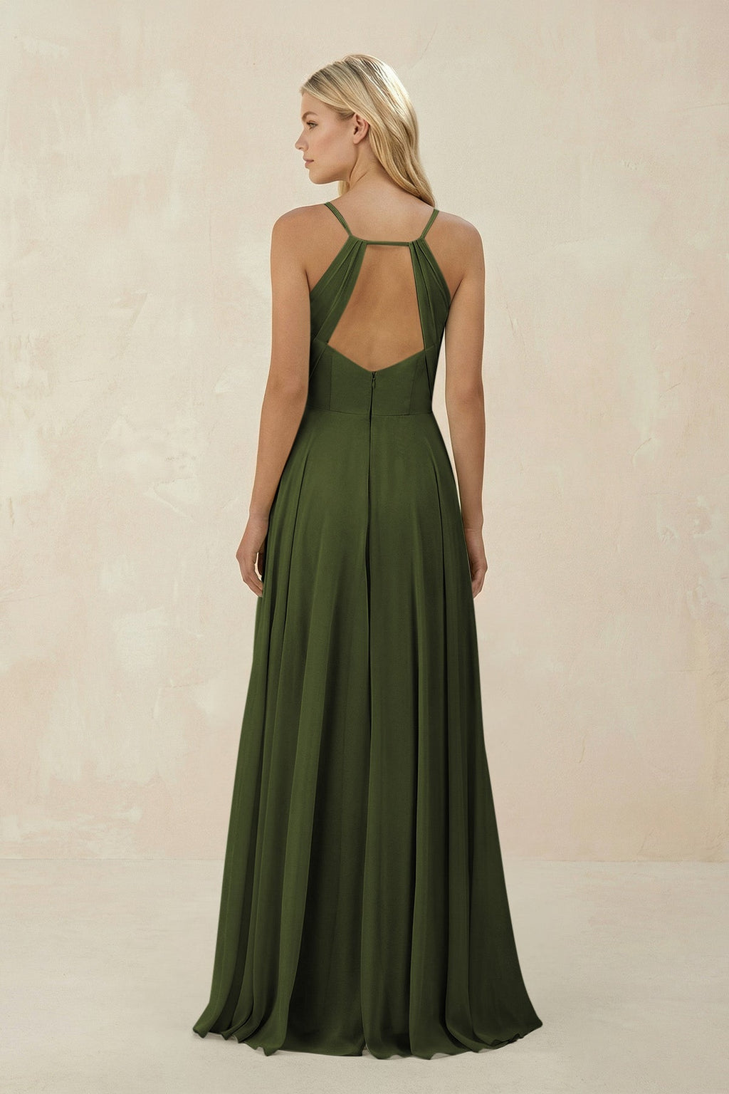 Spaghetti Strap A - Line Chiffon Bridesmaid Dress in Olive - SHE IS ME Bridesmaid Dresses