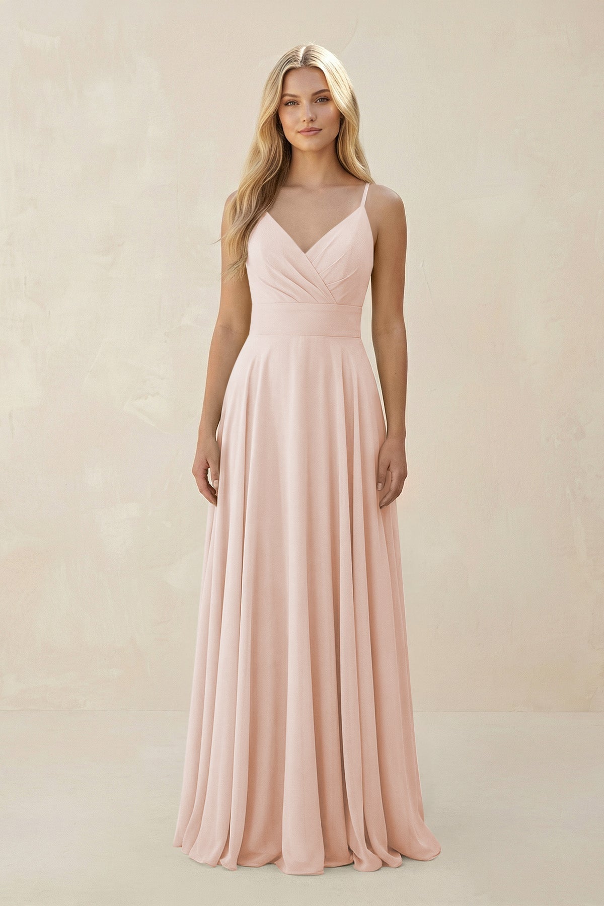 Spaghetti Strap A - Line Chiffon Bridesmaid Dress in Pale Blush - SHE IS ME Bridesmaid Dresses