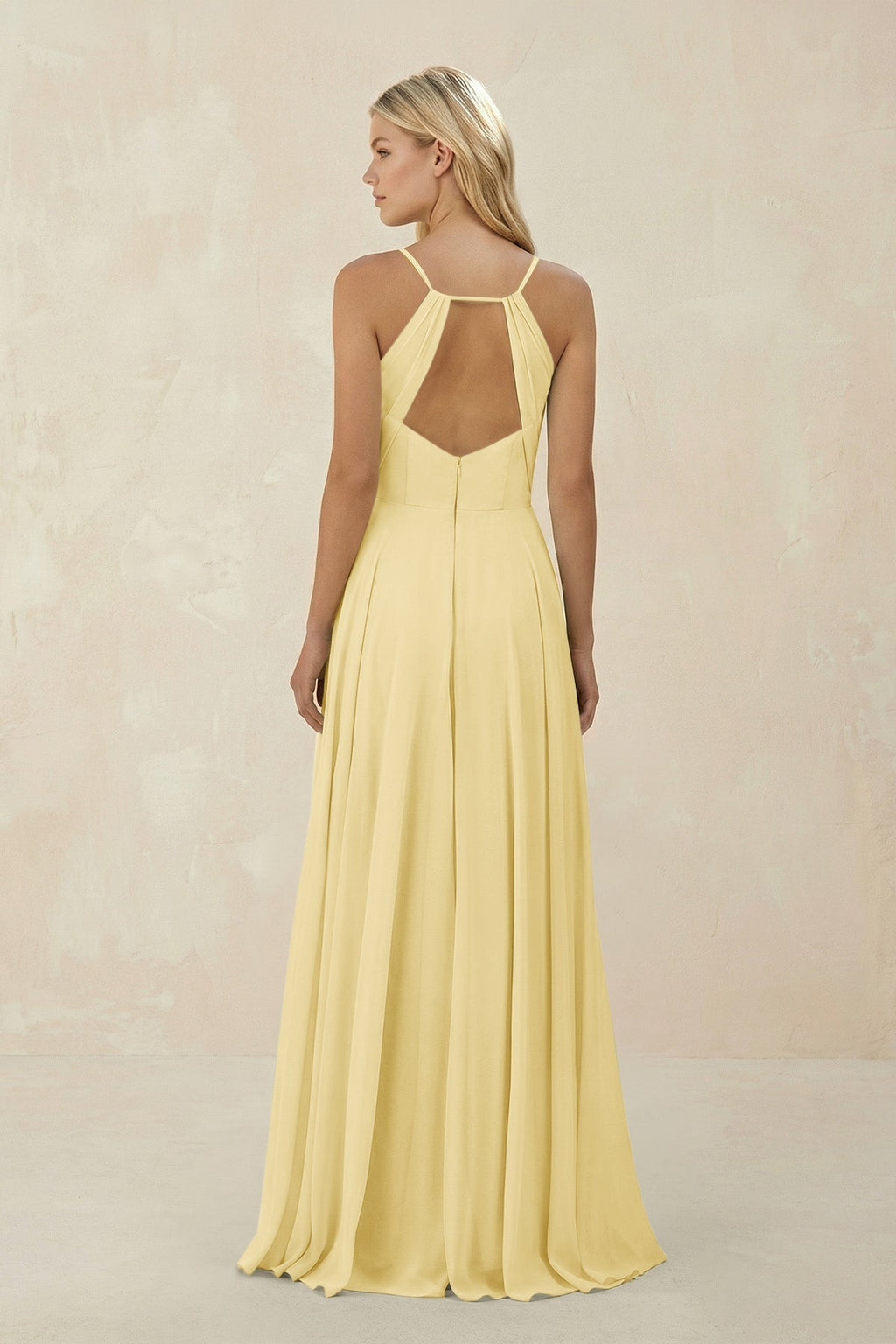 Spaghetti Strap A - Line Chiffon Bridesmaid Dress in Pastel Yellow - SHE IS ME Bridesmaid Dresses