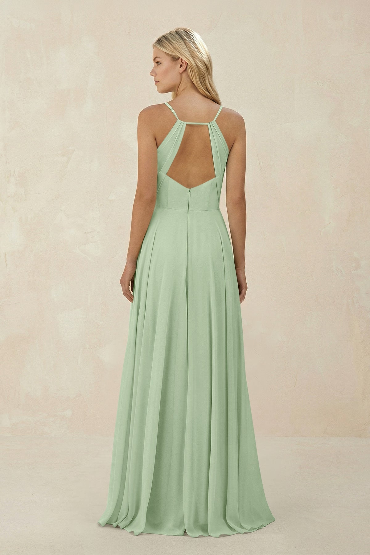Spaghetti Strap A - Line Chiffon Bridesmaid Dress in Sage - SHE IS ME Bridesmaid Dresses