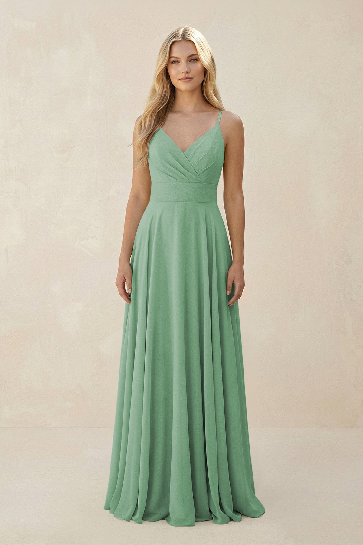 Spaghetti Strap A - Line Chiffon Bridesmaid Dress in Sea Glass - SHE IS ME Bridesmaid Dresses