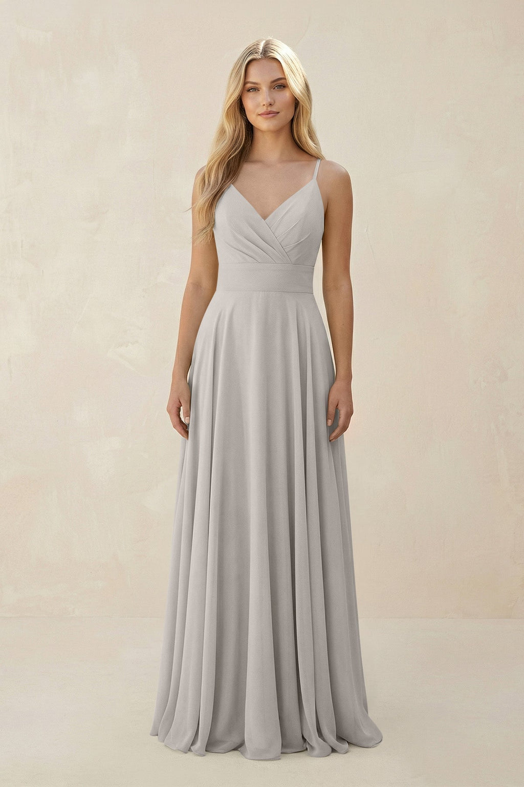 Spaghetti Strap A - Line Chiffon Bridesmaid Dress in Silver - SHE IS ME Bridesmaid Dresses