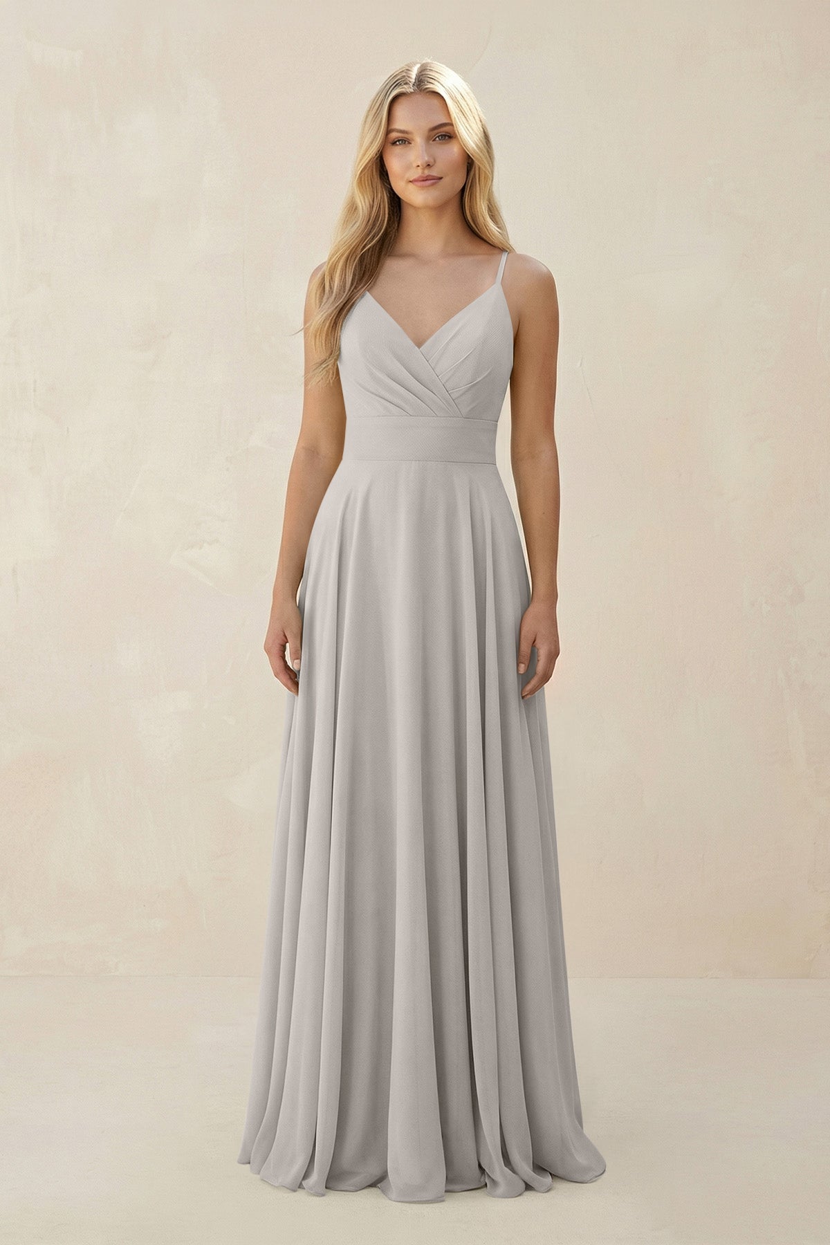 Spaghetti Strap A - Line Chiffon Bridesmaid Dress in Silver - SHE IS ME Bridesmaid Dresses