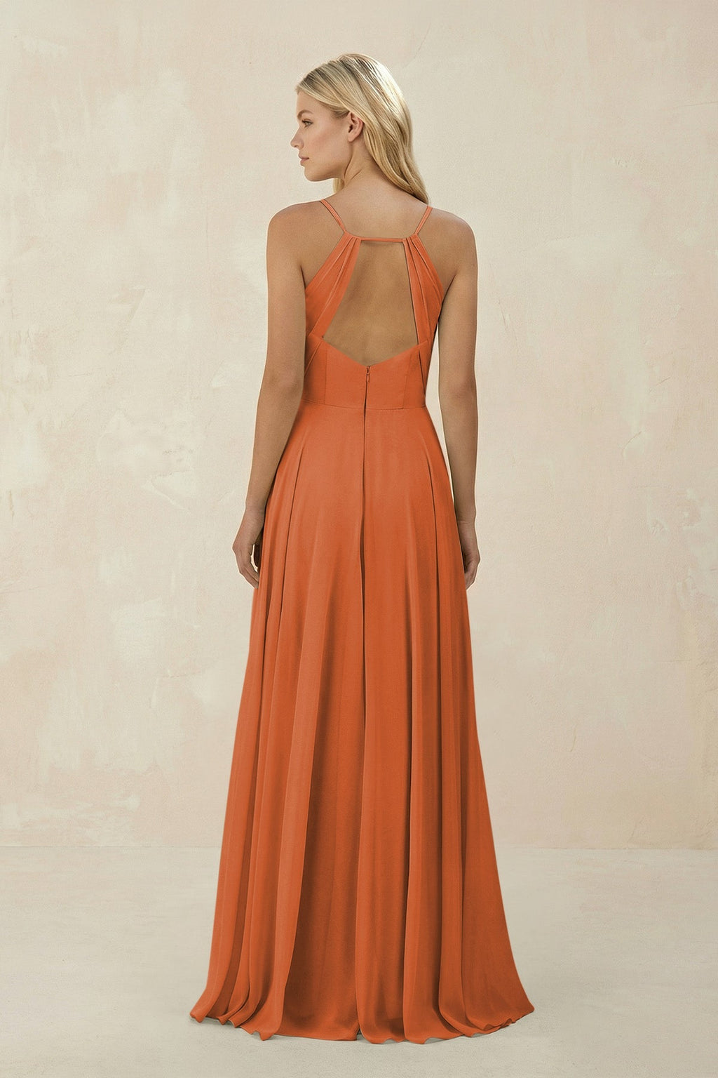 Spaghetti Strap A - Line Chiffon Bridesmaid Dress in Terracotta - SHE IS ME Bridesmaid Dresses