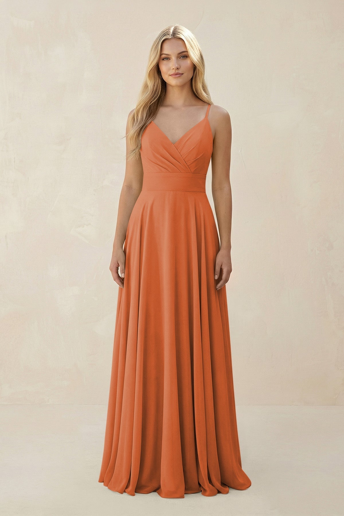Spaghetti Strap A - Line Chiffon Bridesmaid Dress in Terracotta - SHE IS ME Bridesmaid Dresses