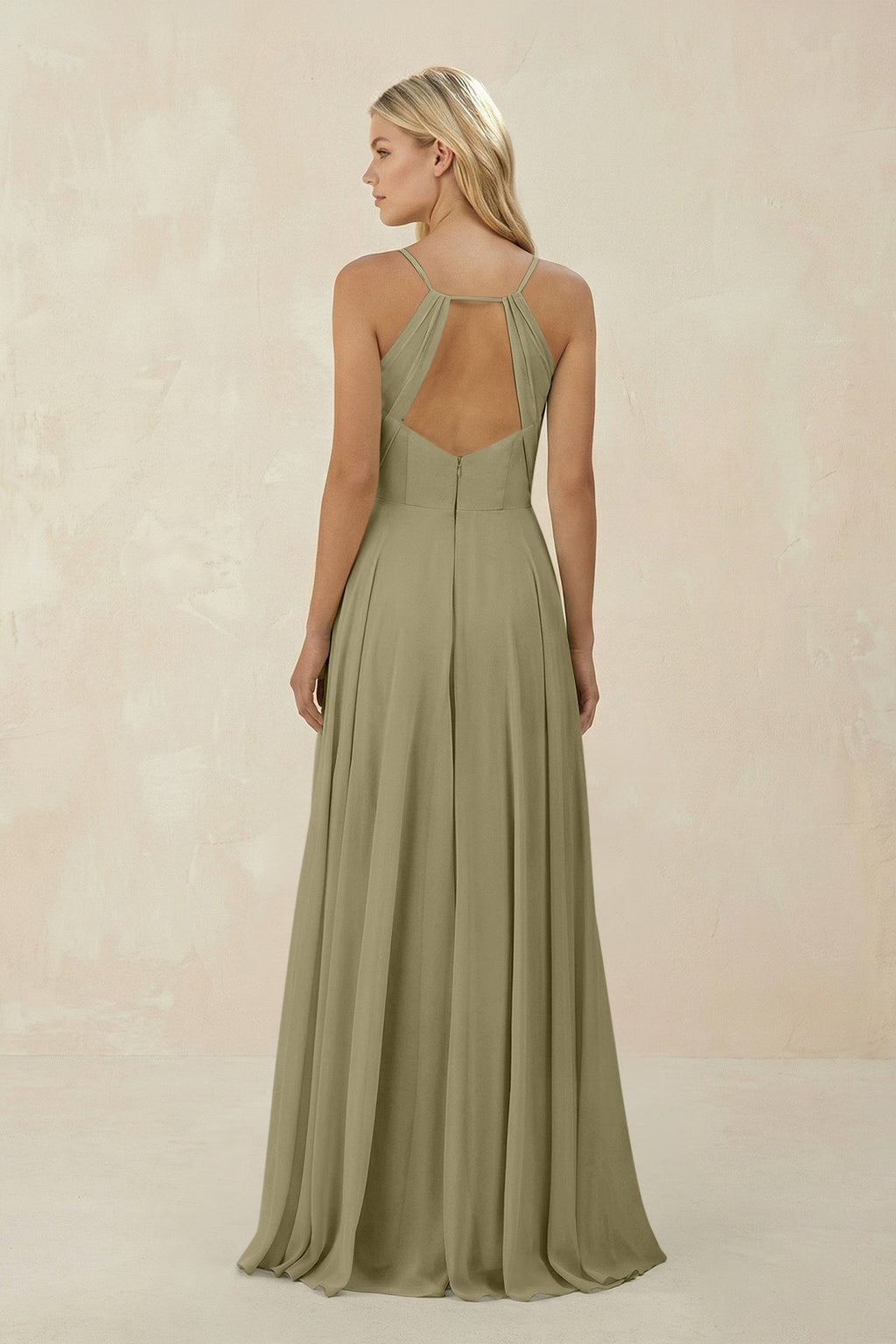 Spaghetti Strap A - Line Chiffon Bridesmaid Dress in Thyme - SHE IS ME Bridesmaid Dresses