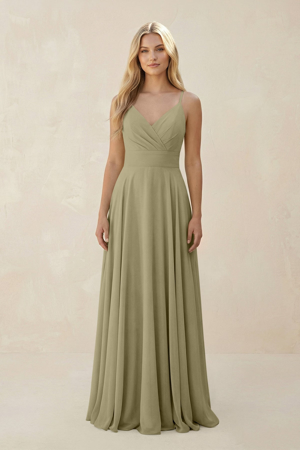 Spaghetti Strap A - Line Chiffon Bridesmaid Dress in Thyme - SHE IS ME Bridesmaid Dresses