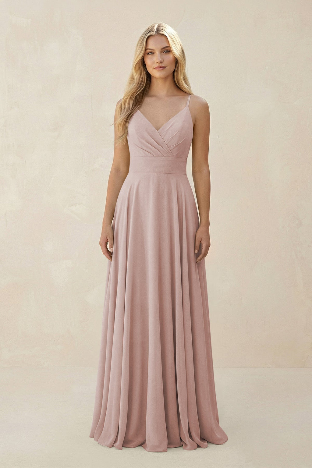Spaghetti Strap A - Line Chiffon Bridesmaid Dress in Toffee - SHE IS ME Bridesmaid Dresses