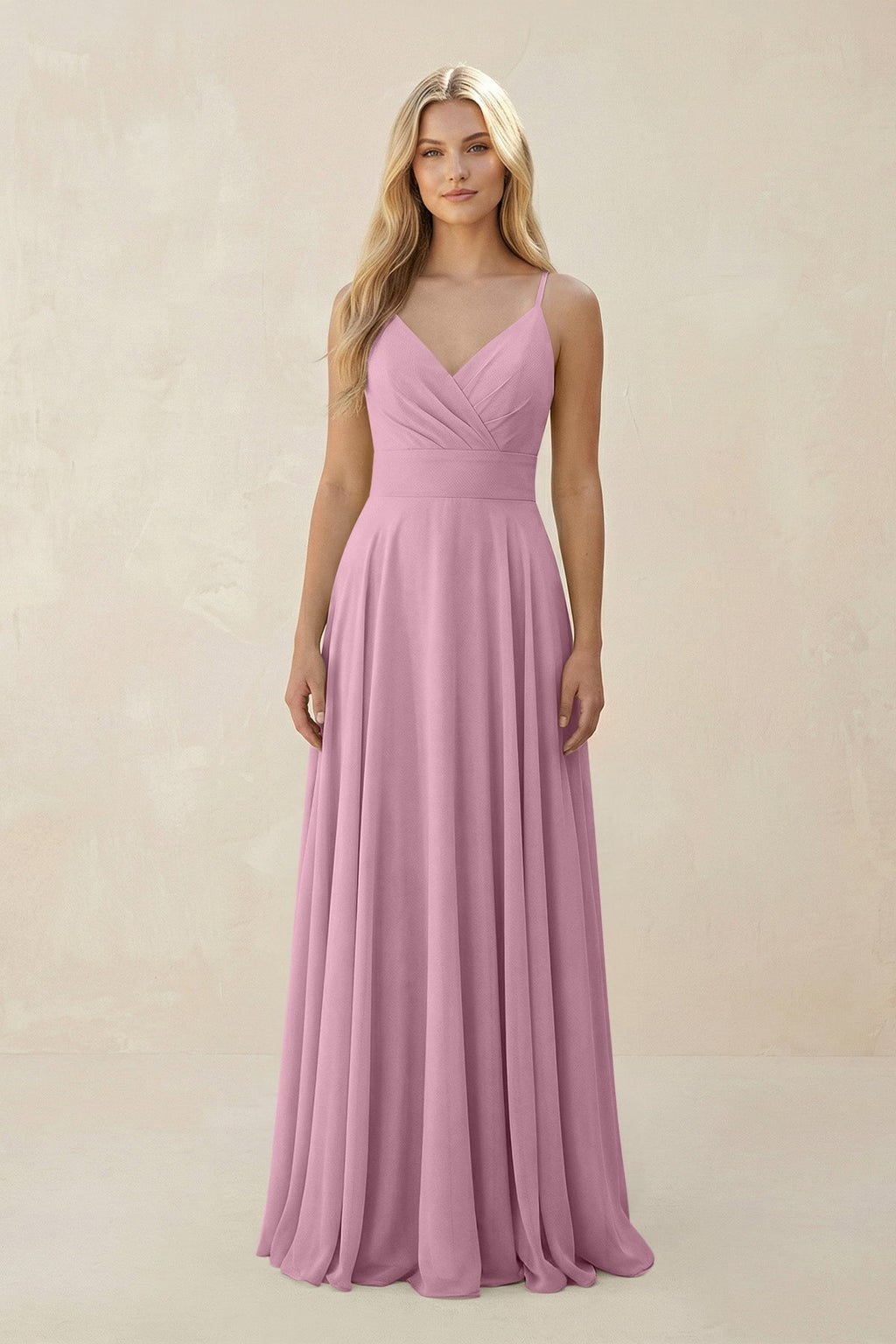 Spaghetti Strap A - Line Chiffon Bridesmaid Dress in Vintage Mauve - SHE IS ME Bridesmaid Dresses