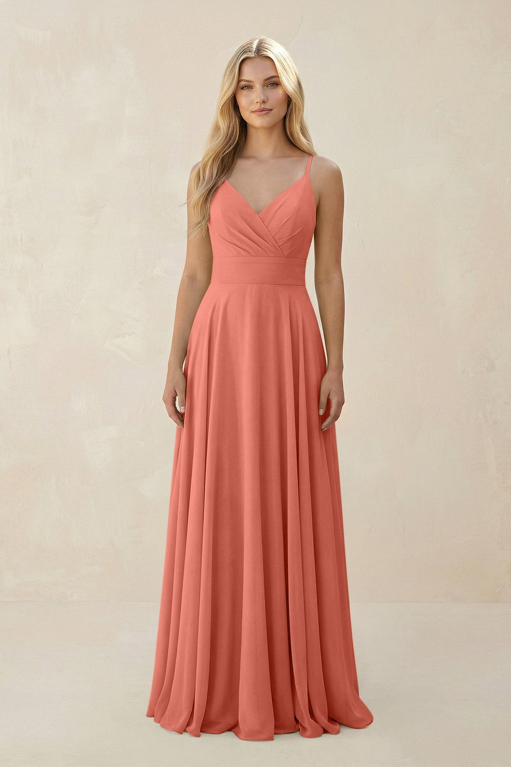 Spaghetti Strap A - Line Chiffon Bridesmaid Dress in Wild Rose - SHE IS ME Bridesmaid Dresses