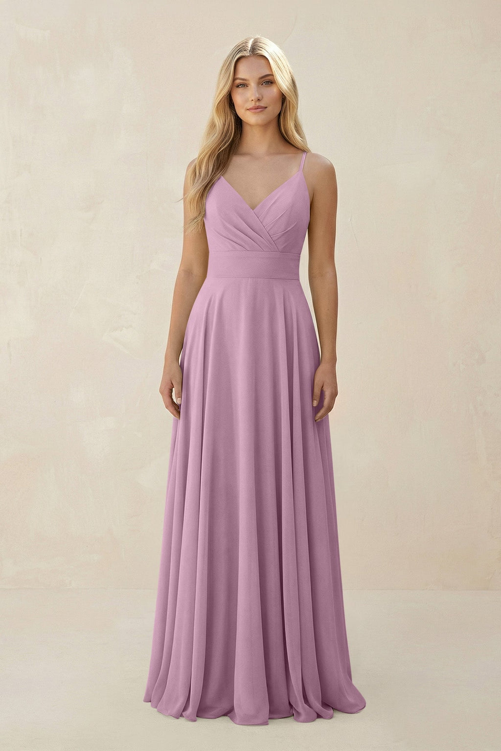 Spaghetti Strap A - Line Chiffon Bridesmaid Dress in Wisteria - SHE IS ME Bridesmaid Dresses