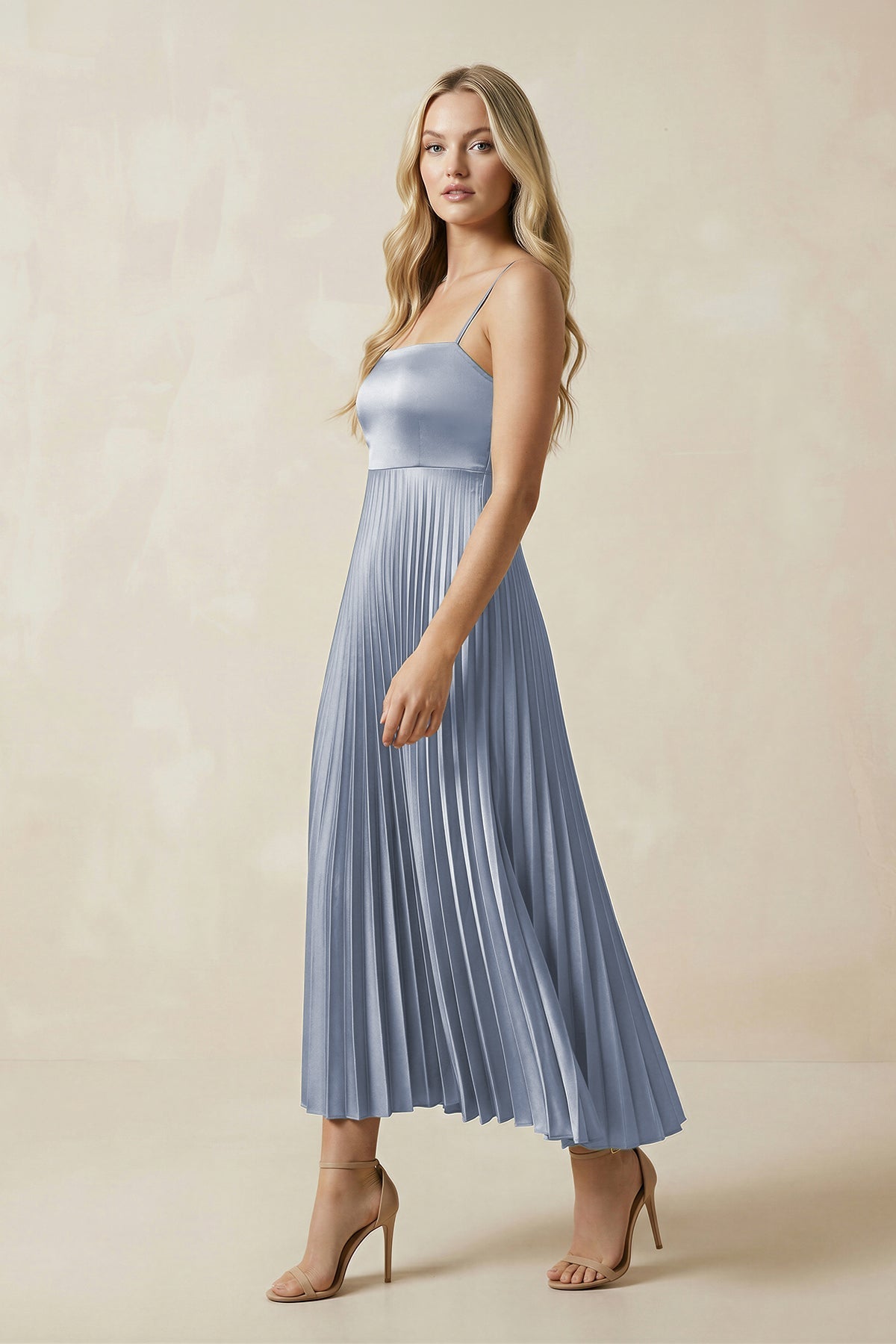Spaghetti Strap A - Line Chiffon Midi Bridesmaid Dress in Twilight - SHE IS ME Bridesmaid Dresses