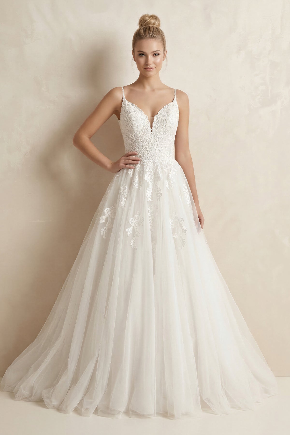 Spaghetti Strap Ball Gown Tulle Appliqued Wedding Dress in Ivory - SHE IS ME Wedding Dresses