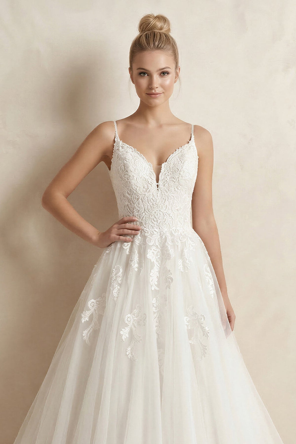 Spaghetti Strap Ball Gown Tulle Appliqued Wedding Dress in Ivory - SHE IS ME Wedding Dresses