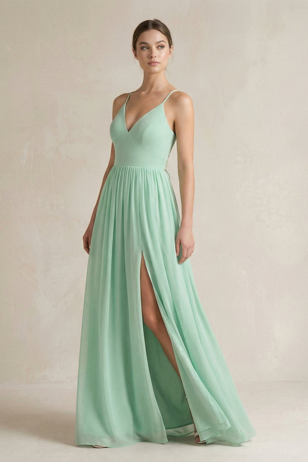 A-Line Spaghetti Strap Chiffon Bridesmaid Dress in Pale Pistachio - SHE IS ME BRIDESMAID DRESSES
