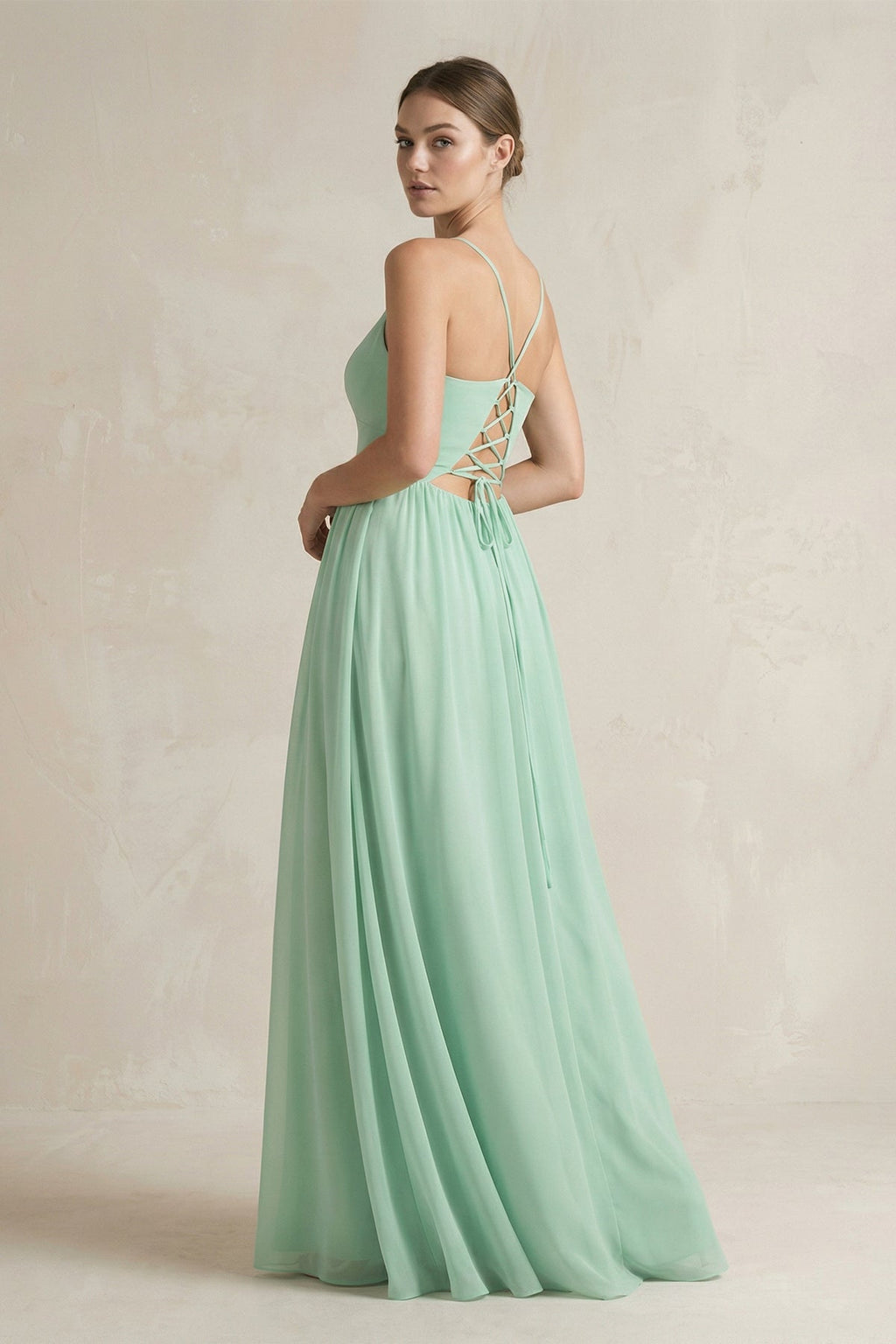 A-Line Spaghetti Strap Chiffon Bridesmaid Dress in Pale Pistachio - SHE IS ME BRIDESMAID DRESSES