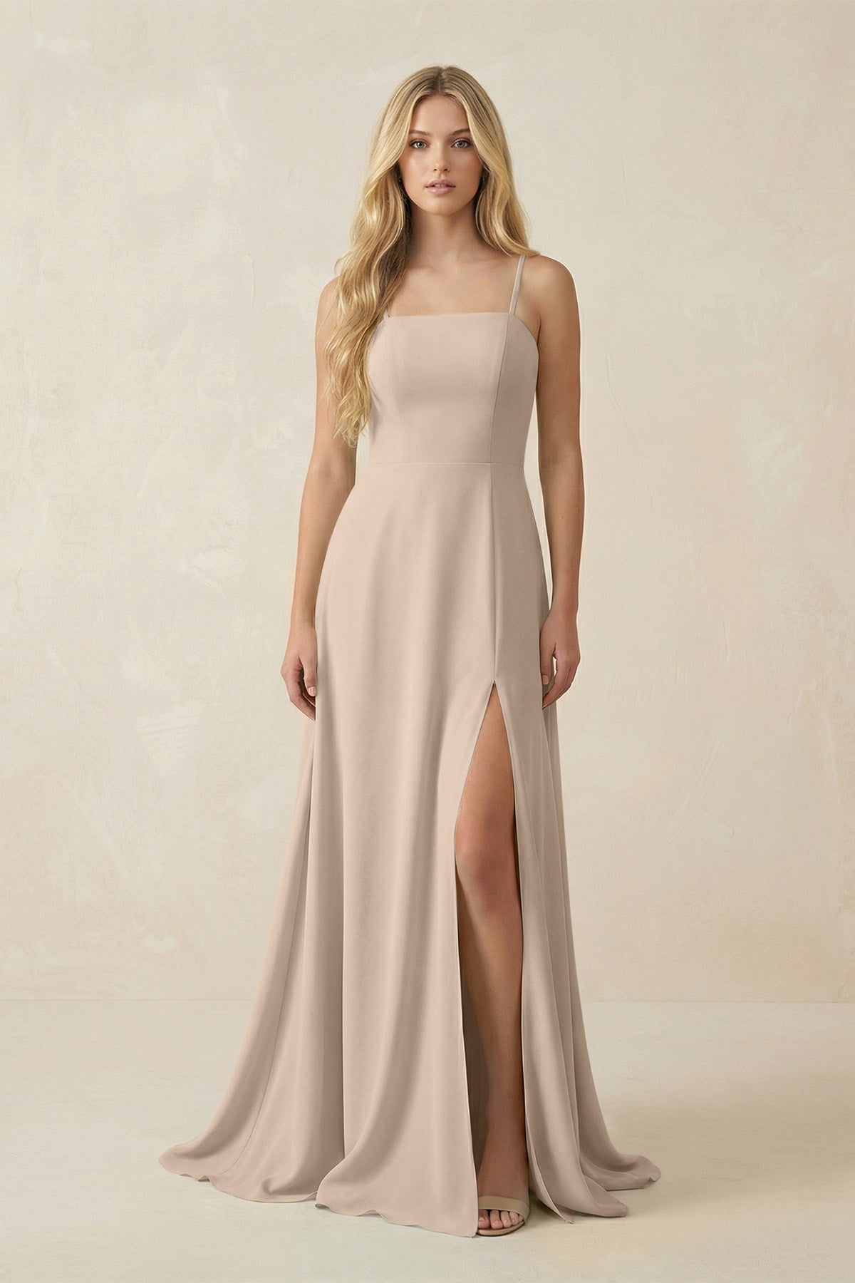 Spaghetti Strap Chiffon A - Line Bridesmaid Dress in Almond - SHE IS ME Bridesmaid Dresses