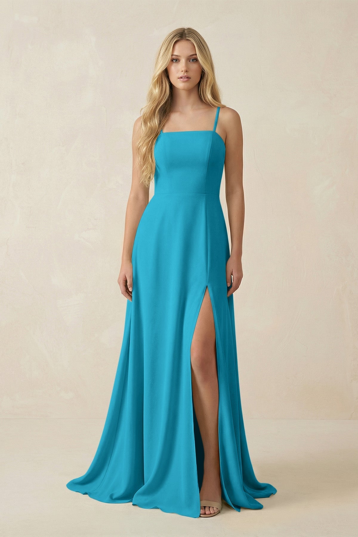 Spaghetti Strap Chiffon A - Line Bridesmaid Dress in Blue Jay - SHE IS ME Bridesmaid Dresses