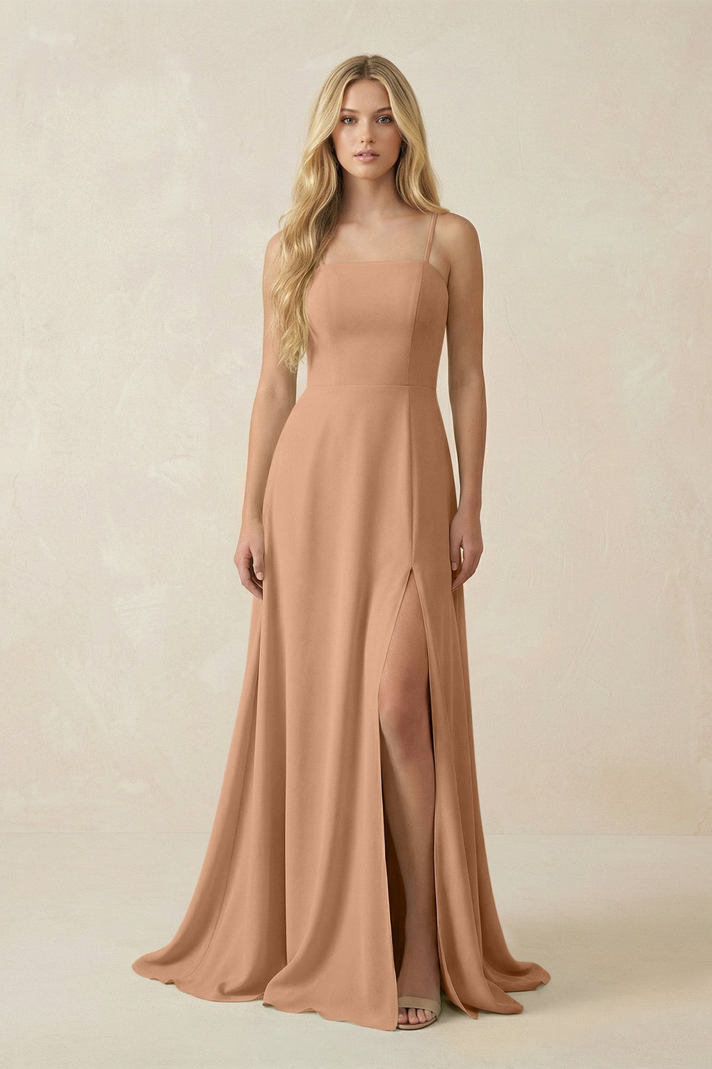 Spaghetti Strap Chiffon A - Line Bridesmaid Dress in Bronzer - SHE IS ME Bridesmaid Dresses