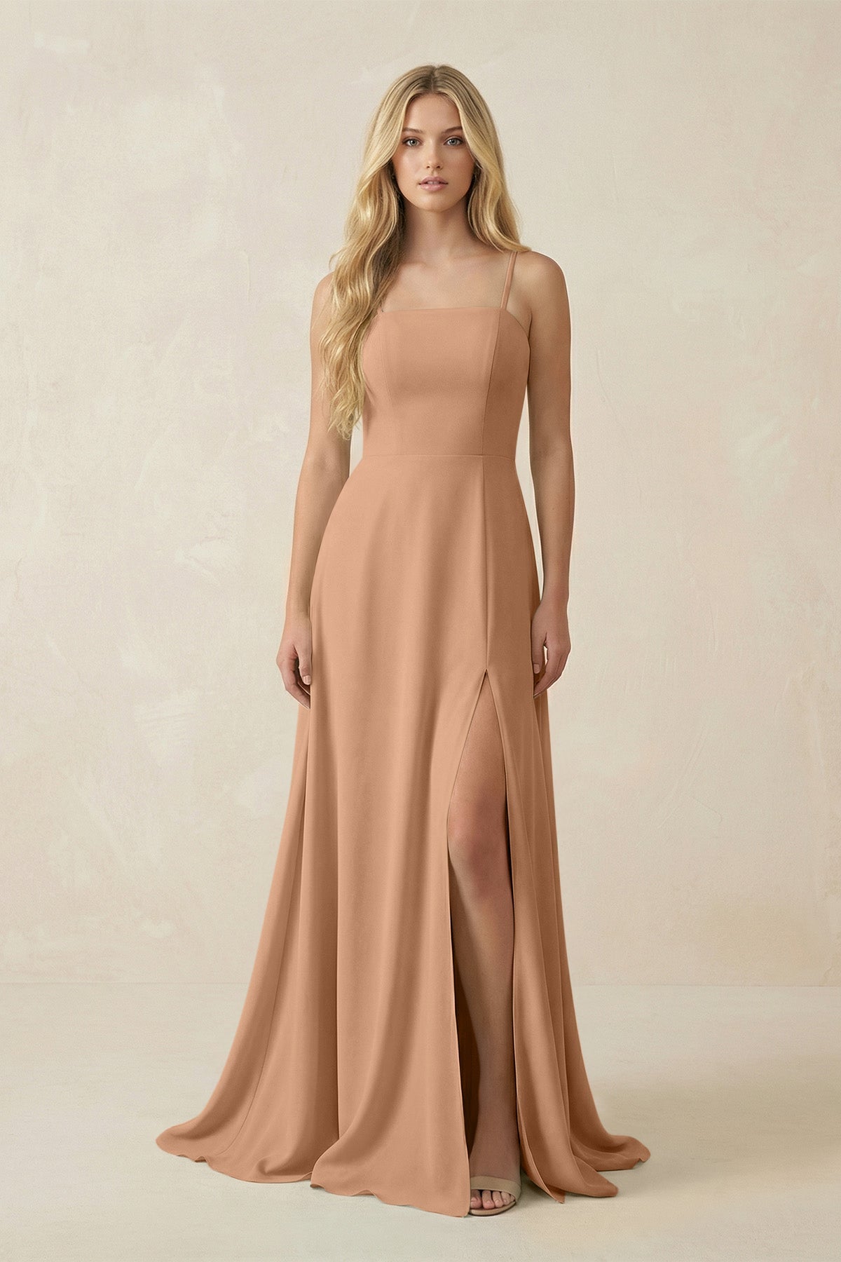 Spaghetti Strap Chiffon A - Line Bridesmaid Dress in Bronzer - SHE IS ME Bridesmaid Dresses