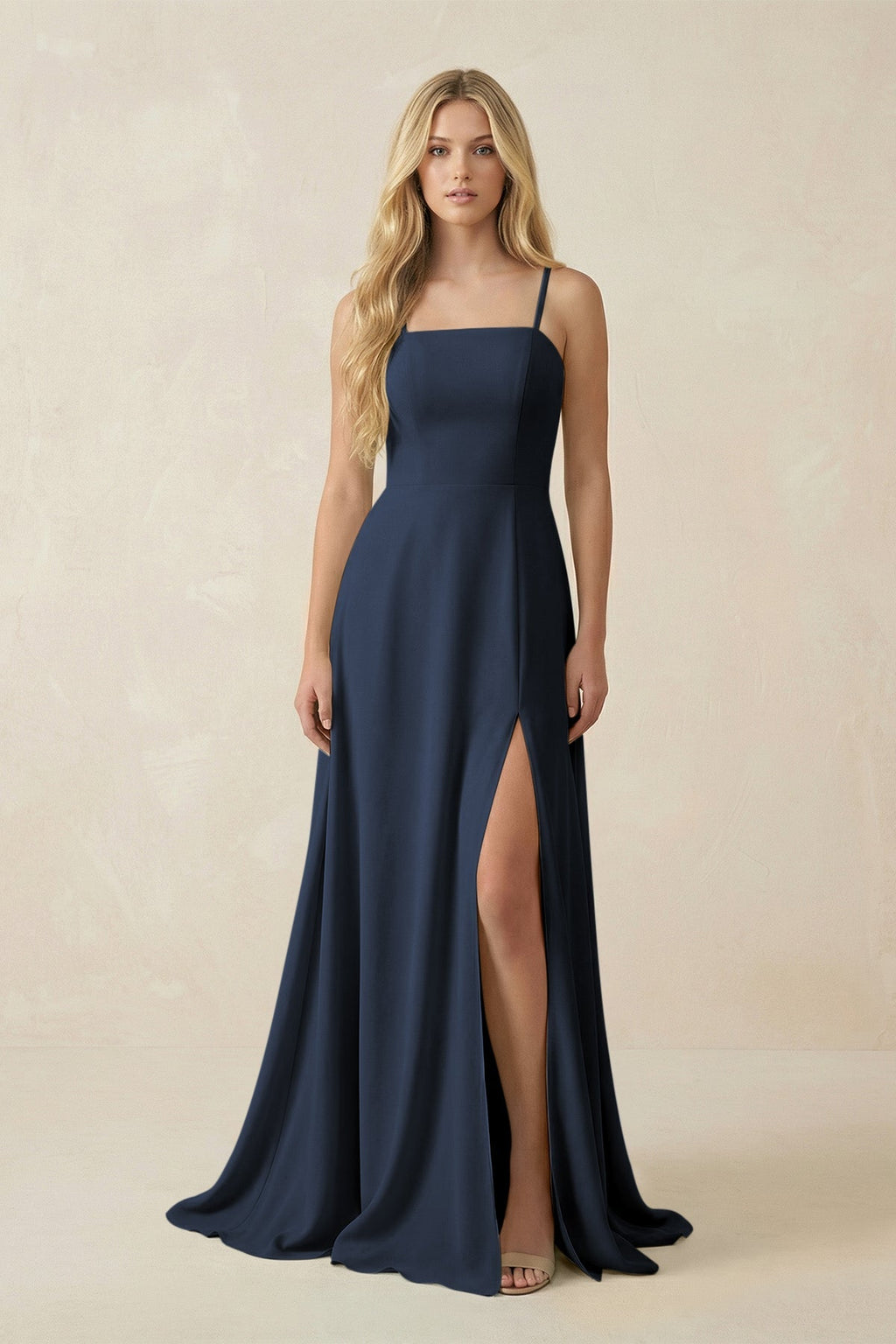 Spaghetti Strap Chiffon A - Line Bridesmaid Dress in Dark Navy - SHE IS ME Bridesmaid Dresses