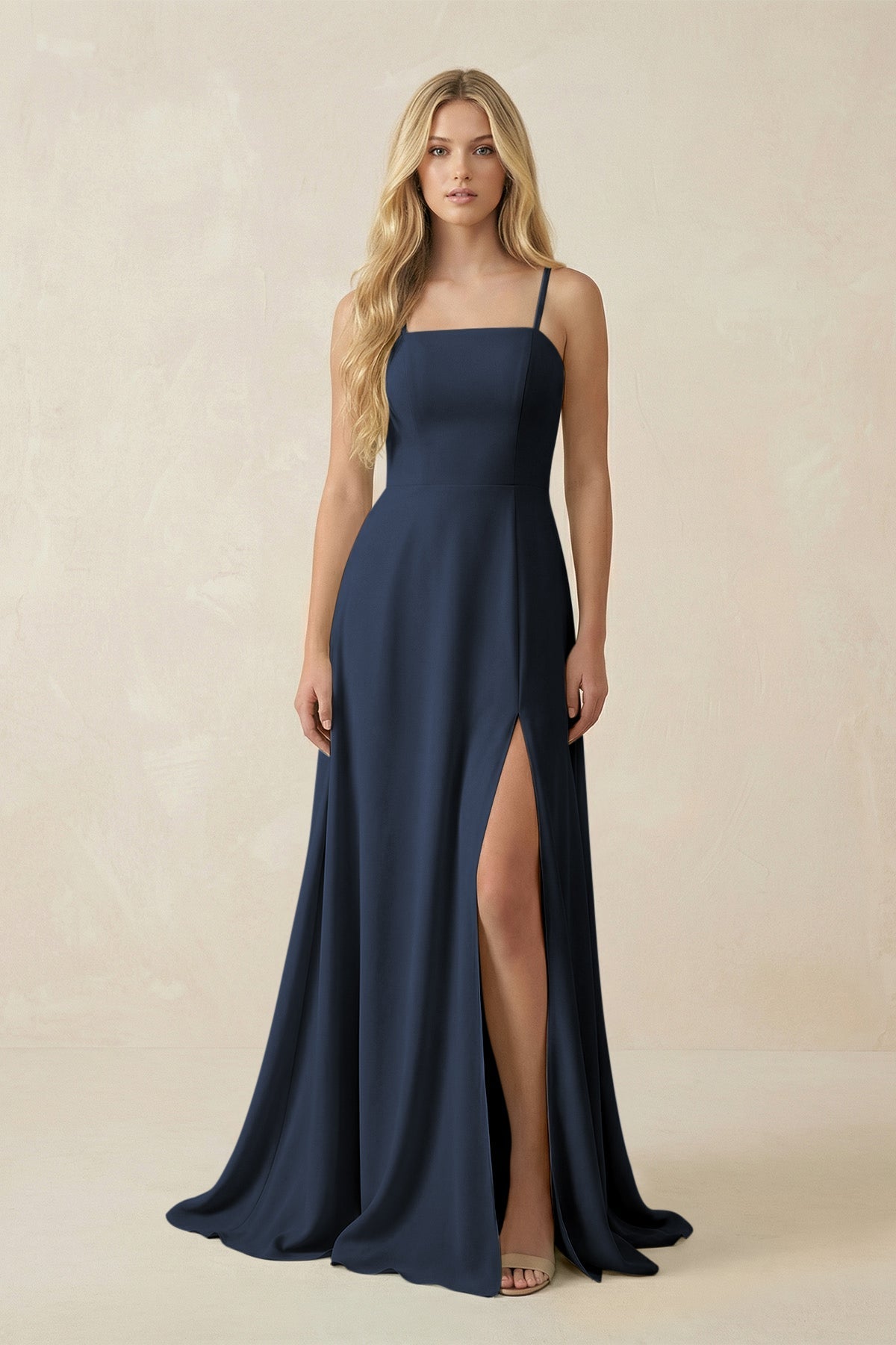 Spaghetti Strap Chiffon A - Line Bridesmaid Dress in Dark Navy - SHE IS ME Bridesmaid Dresses