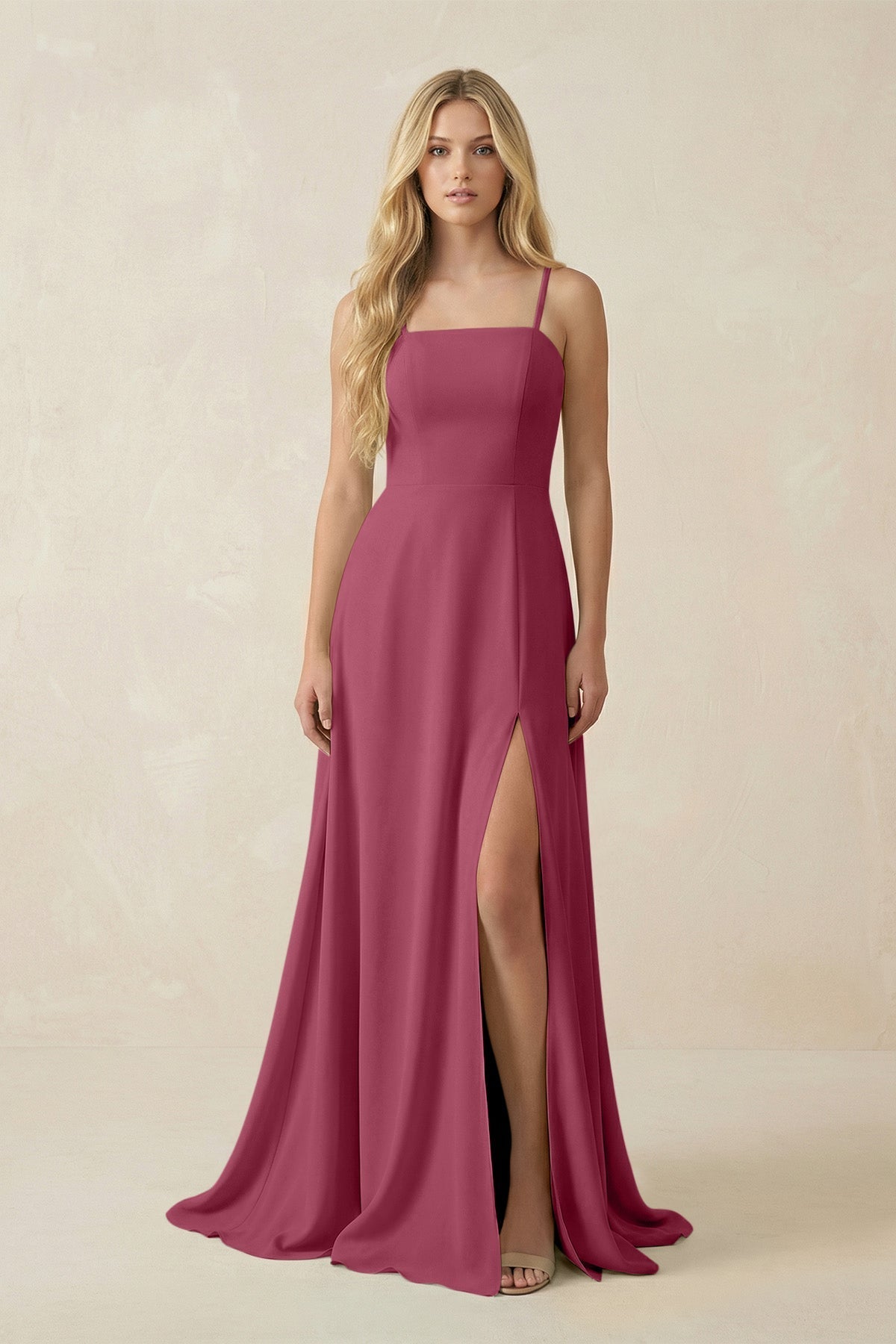 Spaghetti Strap Chiffon A - Line Bridesmaid Dress in Desert Rose - SHE IS ME Bridesmaid Dresses