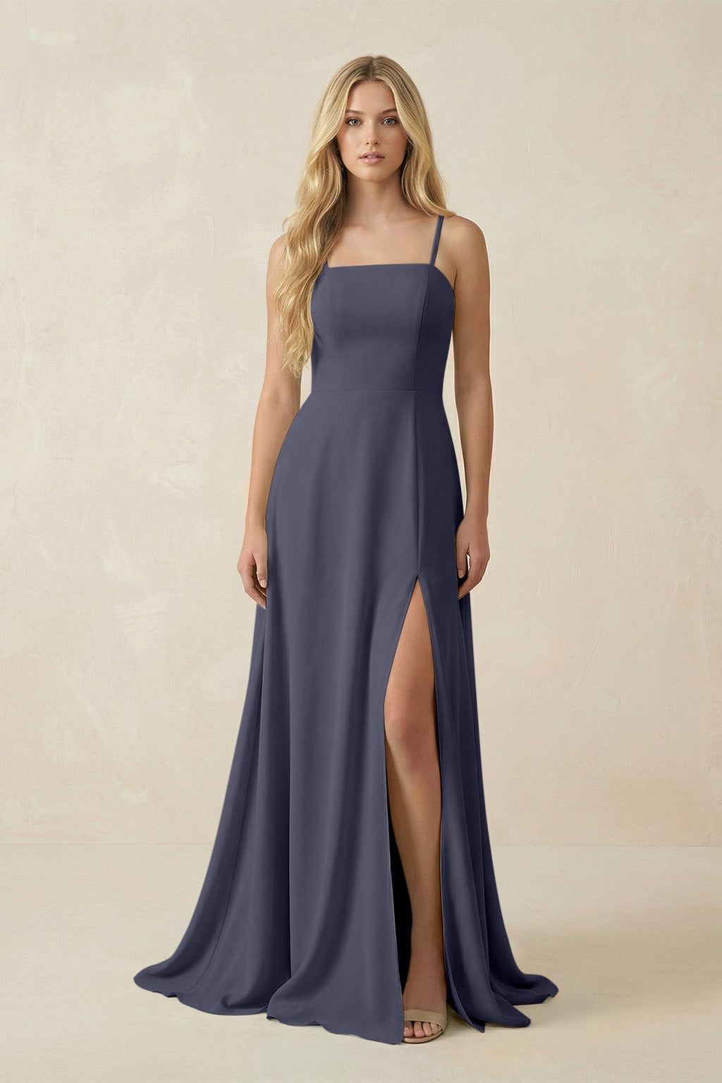 Spaghetti Strap Chiffon A - Line Bridesmaid Dress in Dusk Blue - SHE IS ME Bridesmaid Dresses