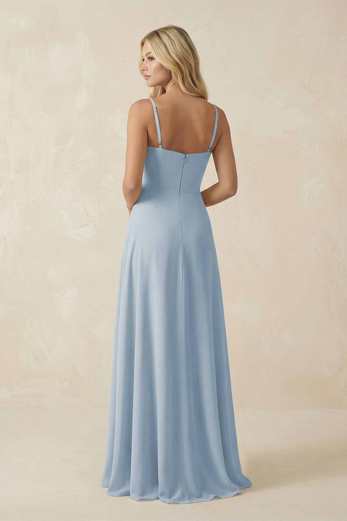 Spaghetti Strap Chiffon A - Line Bridesmaid Dress in Dusty Blue - SHE IS ME Bridesmaid Dresses