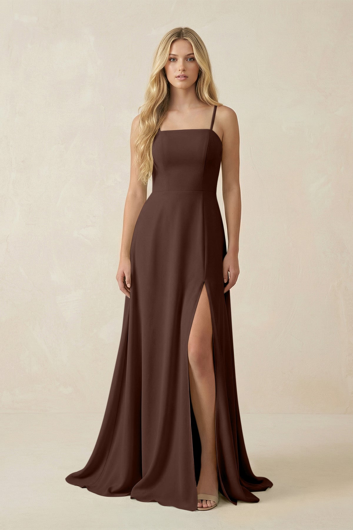 Spaghetti Strap Chiffon A - Line Bridesmaid Dress in Espresso - SHE IS ME Bridesmaid Dresses