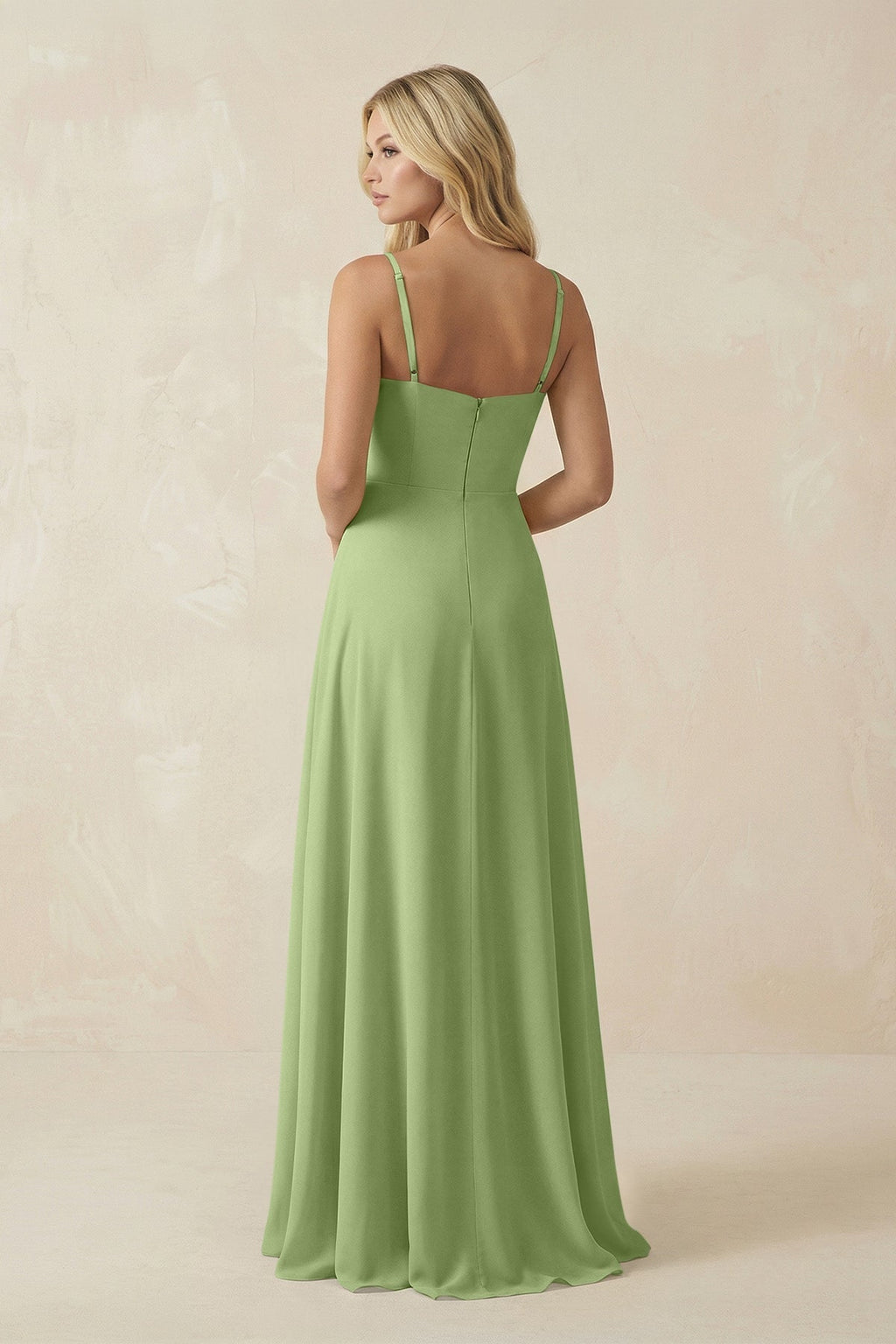 Spaghetti Strap Chiffon A - Line Bridesmaid Dress in Matcha - SHE IS ME Bridesmaid Dresses