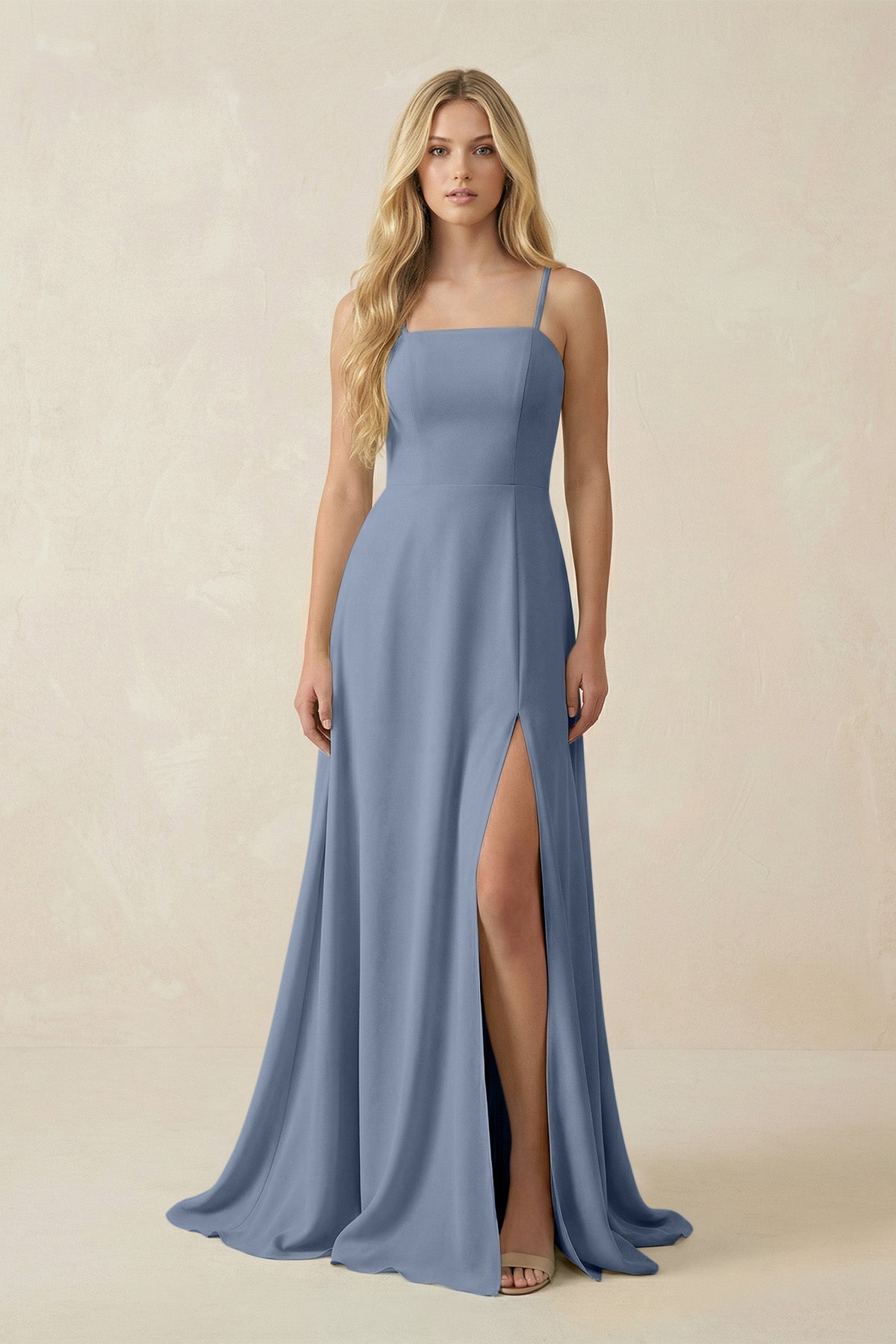 Spaghetti Strap Chiffon A - Line Bridesmaid Dress in Neptune - SHE IS ME Bridesmaid Dresses