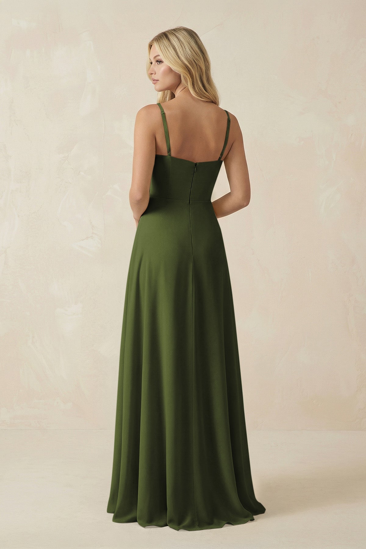 Spaghetti Strap Chiffon A - Line Bridesmaid Dress in Olive - SHE IS ME Bridesmaid Dresses